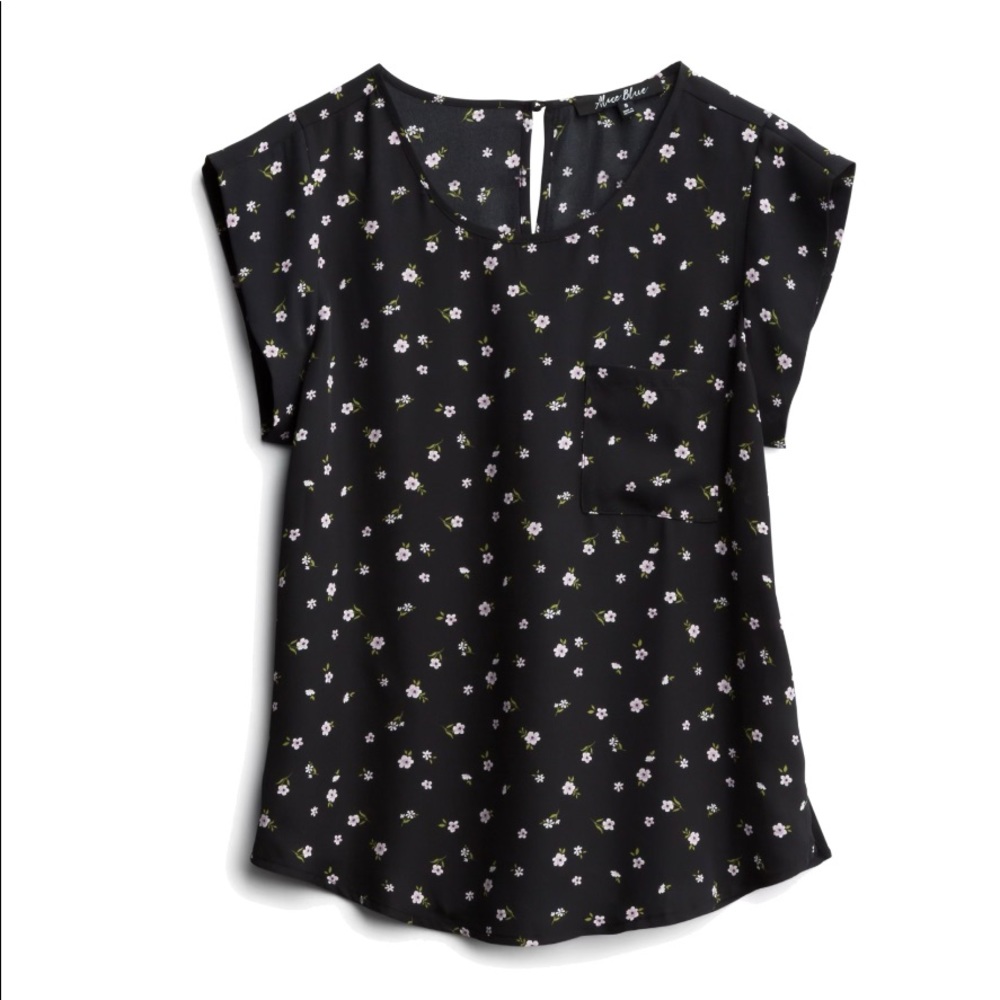 Black floral print short sleeve blouse